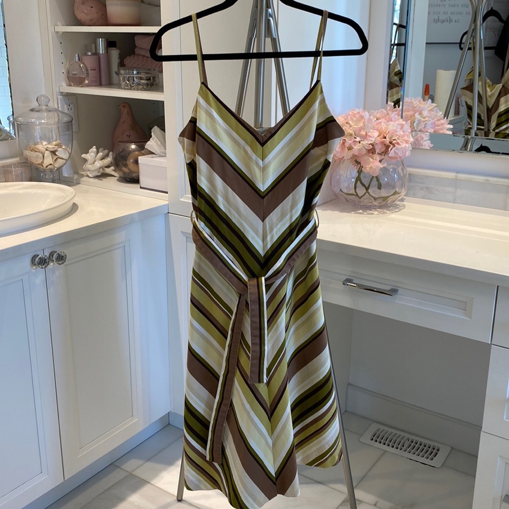 Striped V-Neck Slip Dress in Olive & Brown